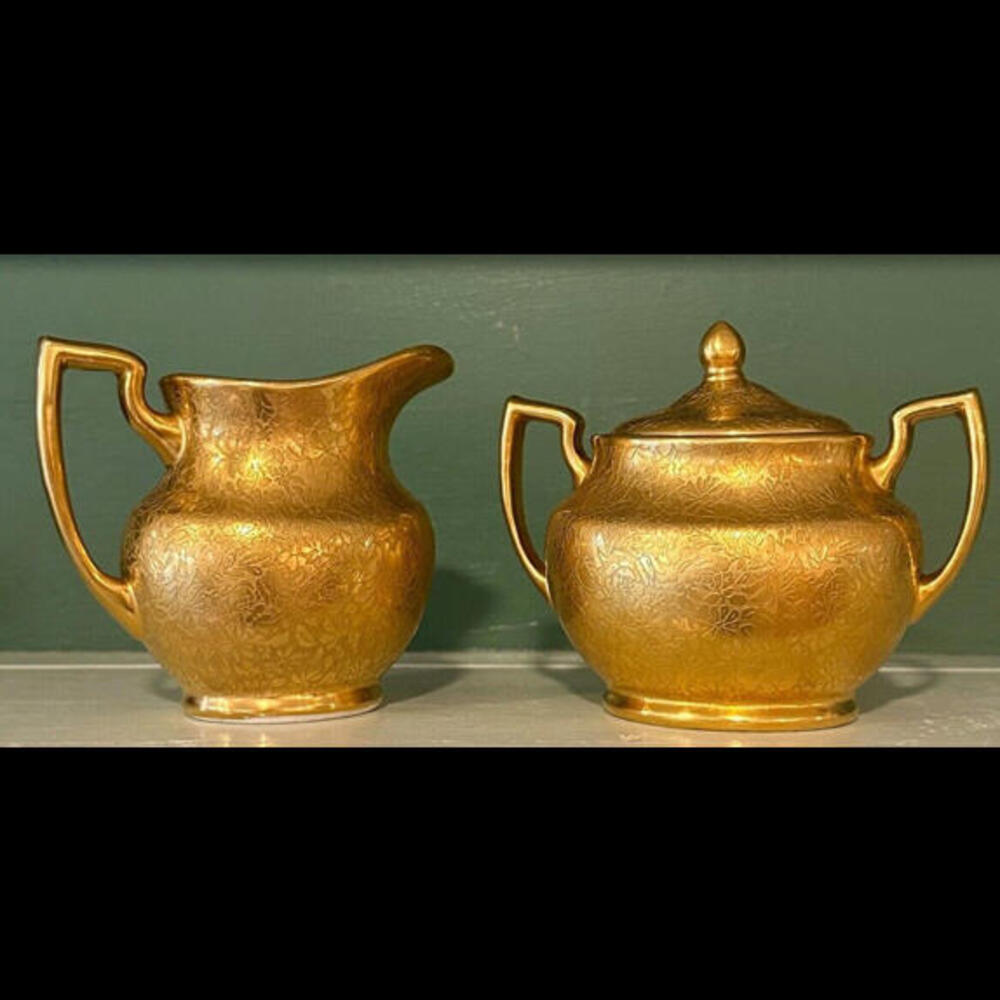 Vintage Wheeling Dec. Co. Gold Painted China Sugar & Creamer Set